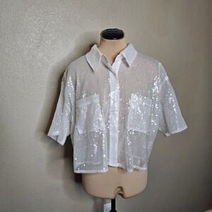 On Twelfth White Sequin Sheer Button Down Shirt Cropped Short Sleeve Top Large